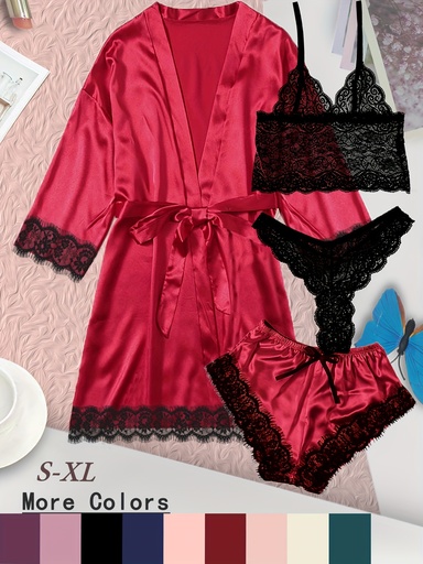 [17592260458588] Conjunto de cuatro piezas de ropa de dormir y faja de satén casual y elegante para mujer