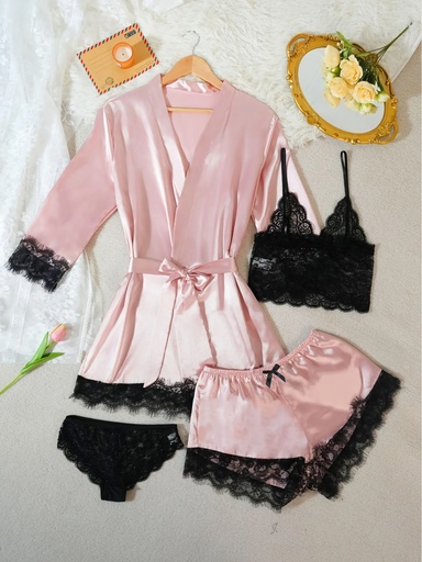 [17606551602618] Conjunto de lujo de 4 piezas con cuello en V, camisón con tirantes de satén de encaje, lencería sexy, pijama sexy, bata de noche