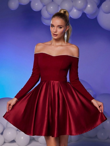 [sz2407013133323360] SHEIN Belle Vestido elegante y lujoso de color rojo burdeos con hombros descubiertos, escote adornado con perlas, Body de punto y falda de satén acampanada, adecuado para bodas, fiestas, graduaciones, bailes de graduación