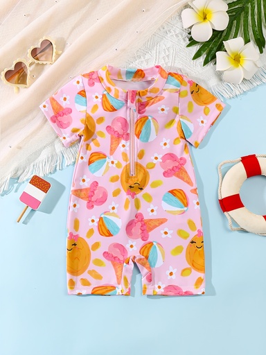 [17619581584380] Traje de baño de una pieza con manga corta y estampado lindo, para nadar en la playa, ropa de baño de secado rápido