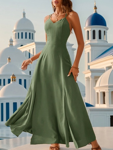 [17598155807446] Un vestido largo elegante y confeccionado en línea verde para mujer, con tirantes en cruz y un abertura alta.