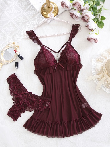 [17602223104872] Conjunto de pijama estilo romántico, camisón de encaje en color sólido combinado con shorts de encaje en el mismo esquema de colores, detalle de lazo con decoración de tres hebillas, falda con volantes y un toque vivaz y juguetón, atuendo ideal para vacaciones - el regalo perfecto para ella