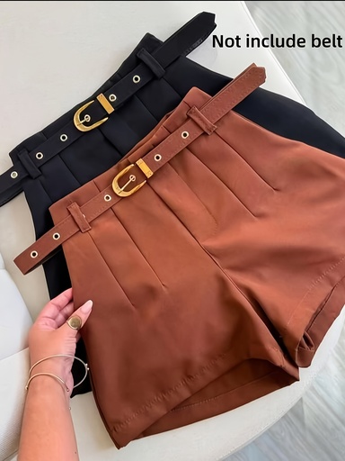 [17618328797935] Pantalones cortos elegantes de color sólido para mujer | Tela sin elasticidad con diseño de cremallera, detalle plisado, perfectos para la oficina y para el fin de semana, ideales para primavera, verano y otoño