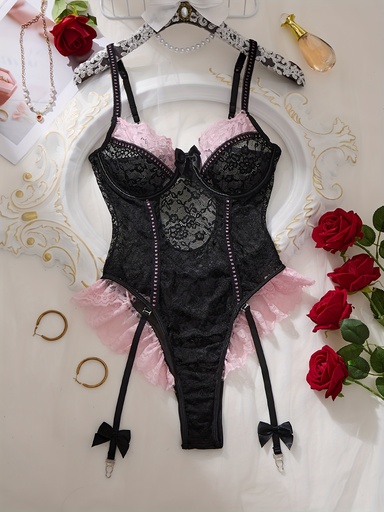 [17615035681797] Body de encaje dulce y sexy, cómodo, con medias | Estilo romántico, patrón de bloques de color, adecuado para adultos