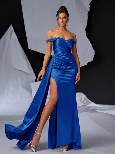 [sz2403013186914810] Glamrae Vestido de noche elegante, hermoso y sexy con decoración de encaje y brillo, arrugado, en estilo sirena, adecuado para ocasiones especiales de las mujeres