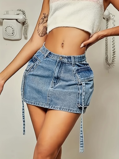[17619630958094] 1 falda de mezclilla azul claro sexy | Estilo casual de moda con bolsillos grandes y detalles de cordón ajustable, ideal para primavera/verano/otoño