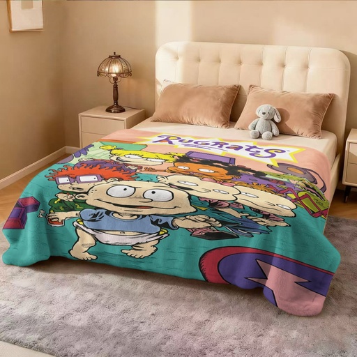 [96257733334125] Manta de franela Rugratsdreamer suave para todas las estaciones con Tommy, Chuckie, Tina y más, compañera acogedora para sofá, cama o viajes, lavable a máquina, regalo ideal para fans, uso en sala, sofá o exteriores