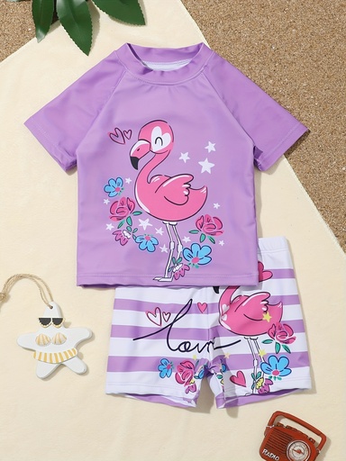 [17594687497456] Conjunto de Baño para Niños y Niñas con Flamenco Morado Soñador, Estampado Romántico, Inicia una Aventura Acuática Genial