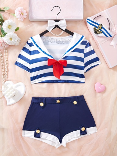 [17616971852543] 3 Conjuntos de Traje Estilo Marino con Lazo Adelante a Rayas