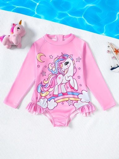 [17602318157899] Traje de Baño de Una Pieza para Niñas, Diseño Lindo de Unicornio Rosa con Cremallera, Tejido Elástico y Secado Rápido, Ideal para Piscina, Vacaciones en la Playa y Surf