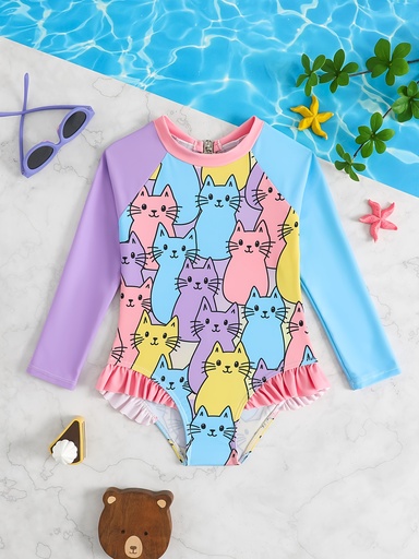 [17619298312200] Traje de baño de una pieza para niñas, manga larga, estampado moderno, playa, rosa y azul, gato lindo, estilo princesa de vacaciones, deportivo, protector solar