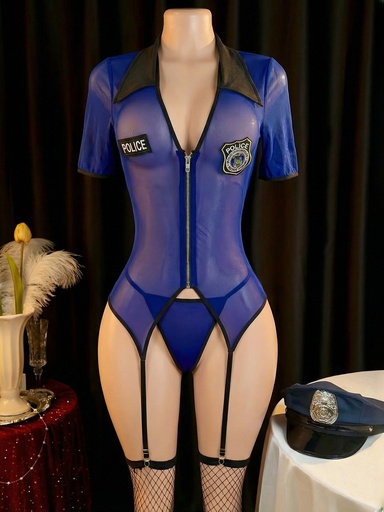 [17608917144608] Conjunto de lencería sexy para mujer, cómodo top de encaje con cuello en V profundo y manga corta, sombrero de policía y medias de red, sexy y atractivo, juego de rol de Halloween, disfraz de Halloween