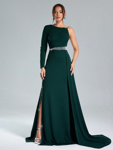[sz2409137160511800] SHEIN Belle Vestido de fiesta ajustado de punto verde elegante con cuentas para mujer, vestido formal de noche de manga larga, para invitados de boda, graduación, cena, Navidad
