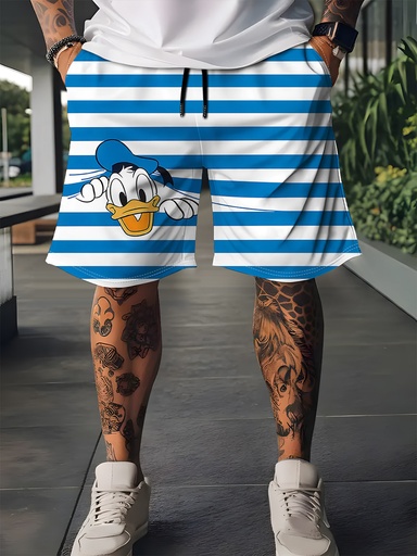 [17601711936923] Pantalones cortos de Donald Duck azules y blancos con rayas para hombre - Cintura con cordón suelto, estilo streetwear para exteriores, deportes, fiestas y uso casual, perfectos para la playa, senderismo y ropa casual, pantalones cortos para fiestas | Pantalones cortos de estilo callejero | Tela no elástica