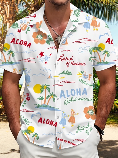 [17599306038302] Camisa Casual Hawaiana para Hombre - Diseño de Palmeras Tropicales y Flores, Ajuste Regular Transpirable con Manga Corta, Lavable a Máquina para Vacaciones en la Playa y Salidas de Verano, Estampado Aloha Colorido, Tejido No Transparente