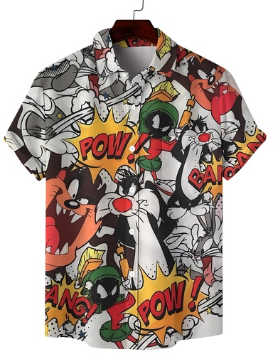 [17600468470840] Camiseta divertida para hombre con diseño de cómic, cuello formal, ligera y lavable a máquina, ideal para vacaciones de verano, fiestas y uso casual (regalo perfecto para cumpleaños o días festivos), ropa de vacaciones, diseño juguetón, estampado duradero