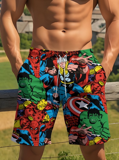 [17600506522346] Shorts Casuales para Hombre con Estampados de Superhéroes - Diseño Inspirado en Cómics, Ajuste Regular y Lavable a Máquina, Cómodos para Uso Diario