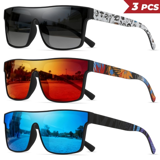 [17618521223896] 3 gafas de sol deportivas retro clásicas y coloridas para hombre | Montura cuadrada, lentes espejo, protección, ideales para uso diario y viajes, opción de regalo perfecta