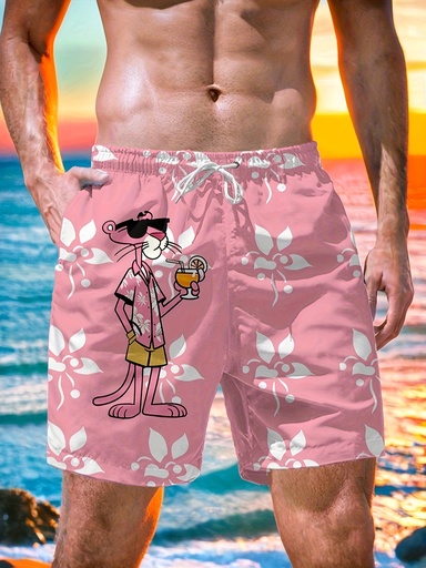 [17603466595953] Pantalones cortos casuales para hombre en rosa con estampados de leopardo de dibujos animados y la letra 'I', con cordón y bolsillos laterales dobles. Son de secado rápido, transpirables y ligeramente elásticos, lo que los hace ideales para el verano y las actividades al aire libre.