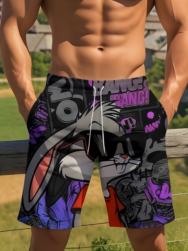[17595564890508] Shorts de baño para hombre de secado rápido con cintura elástica y cordón, shorts de playa con estampado, lavables a máquina, ropa de baño casual para verano, piscina, surf, vacaciones, diseño de personaje de caricatura (inspiración oficial), estampado geométrico, corte regular, bolsillos, ligeros y cómodos para uso casual, colores vibrantes, ideal para playa, actividades al aire libre y piscina, tela transpirable