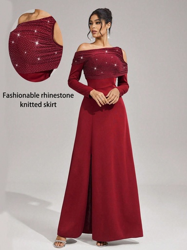 [sz2410190596736250] SHEIN Belle Vestido formal largo de manga larga con adornos de diamantes de imitación asimétricos de lujo para mujer, otoño/invierno