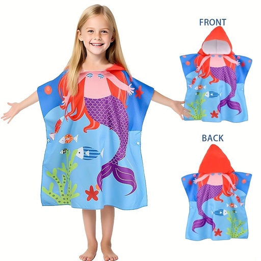 [17602950543377] 1 Toalla de Playa y Capa para Niños - Toalla de Microfibra Ultra Suave de Secado Rápido con Capucha, Diseños de Tiburón/Sirena/Extraterrestre - Ideal para Regalo de Cumpleaños o Vacaciones, Accesorio de Piscina, Material Absorbente, Estampados Divertidos