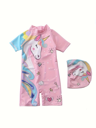 [17596827137258] Traje de Baño de Una Pieza | Diseño de Unicornio Azul Bebé y Amarillo, Cuello Redondo, Manga Corta, Tejido de Alta Elasticidad, Patrón de Dibujos Animados, Ajuste para Todas las Estaciones