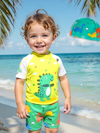 [17597562421332] Conjunto de Tres Piezas para Niños con Estampado de Dinosaurio en la Parte Superior, Pantalones y Gorro con Estampado Verde Inferior