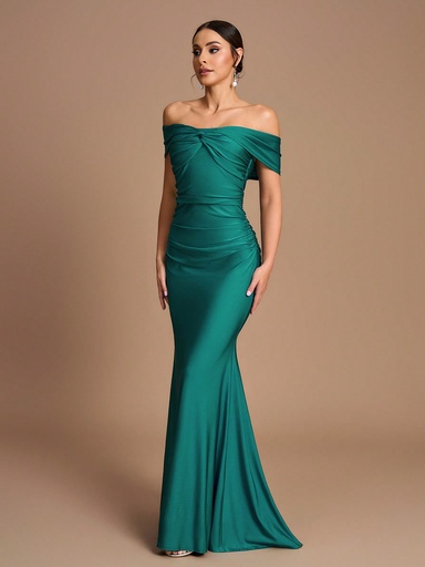 [sz2408227159465874] SHEIN Belle Elegante vestido de sirena de punto fruncido con hombros descubiertos y brillo, adecuado para bodas, fiestas, vacaciones, y vestidos de dama de honor
