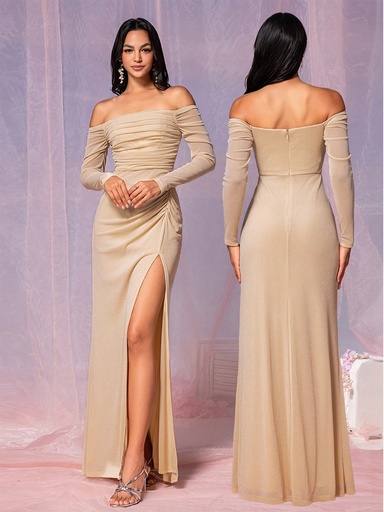 [sz2405062971303826] SHEIN Belle Vestido formal de dama de honor adecuado para eventos de boda, con hombros descubiertos, manga larga, tela de seda plateada coreana de red elástica caqui, ajuste recogido, abertura alta hasta el muslo, bajo en línea A
