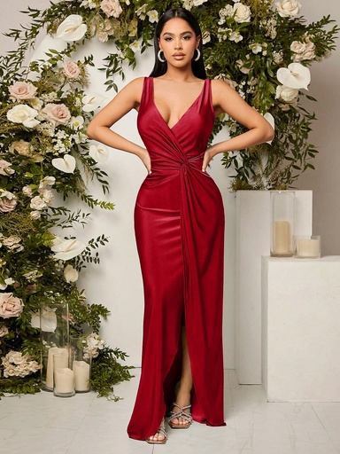 SHEIN Belle Vestido de dama de honor con escote en V profundo sin mangas color rojo borgoña con detalle de nudo en la cintura