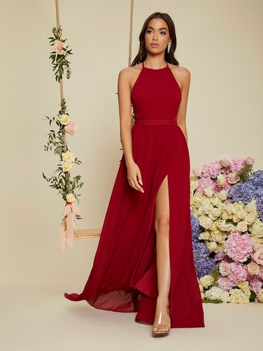 [sw2106193919039093] Vestido de fiesta con espalda descubierta, cuello halter y abertura en el muslo en color rojo borgoña