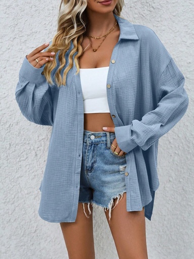 [sz2403251066131326] SHEIN LUNE Camisa de manga larga con botones delanteros y cuello de solapa en unicolor