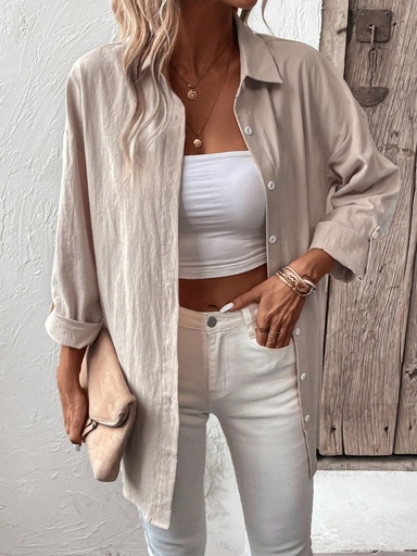 [sz2304207827688288] SHEIN LUNE Camisa unicolor con botón delantero de hombros caídos