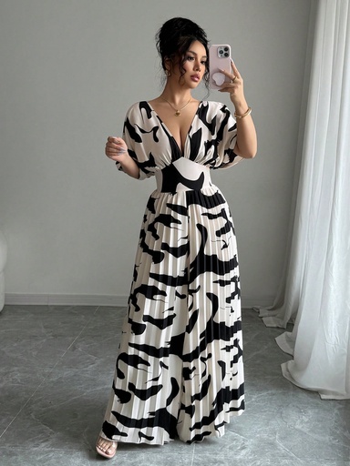 [sz25030485859227020] Elenzga Mono elegante para mujeres de color liso con cuello en V profundo y murciélago, con pliegues