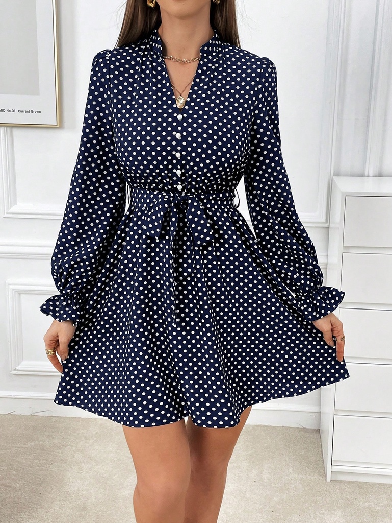 SHEIN Privé Vestido De Lunares Con Mangas Fruncidas Y Cinturón Para Mujer