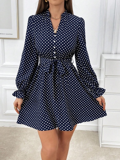 SHEIN Privé Vestido De Lunares Con Mangas Fruncidas Y Cinturón Para Mujer