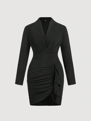 [sz2407197837879365] SHEIN MOD Vestido elegante negro de talla grande con volante en el bajo y abertura