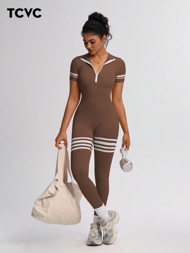 [st25072022154123457] TCVC Mono de moda sin costuras con rayas y cremallera de contraste de color para mujer, mono elástico ajustado de activewear de yoga que da forma al trasero, conjunto deportivo casual para gimnasio, mono ajustado versátil