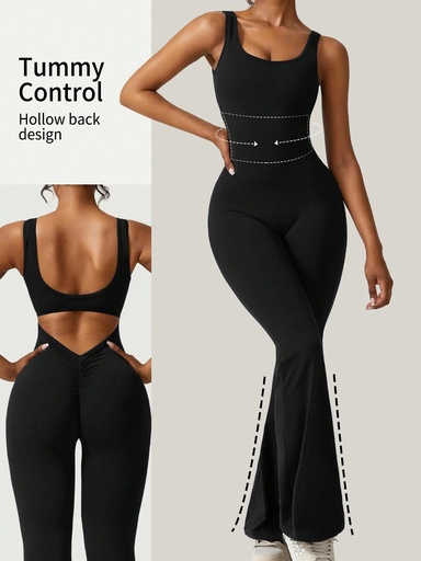 [st2401154014011007] SHEIN With My Calm Mono de yoga para mujer con pantalones acampanados, escote en U, espalda descubierta y fruncido, con copas desmontables acolchadas. Conjunto de gimnasio para mujer con espalda descubierta y fruncido, y copas desmontables acolchadas.