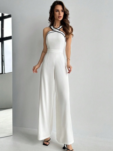 [sz2312272290022662] Firerie Monos Para Trabajar Sin Mangas De Cuello Halter De Bloque De Color Blanco Y Negro