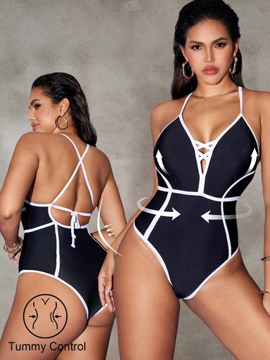 [sz25020821291626277] SHEIN Swim 1 pieza Traje de baño de una sola pieza con control de abdomen y bloques de color