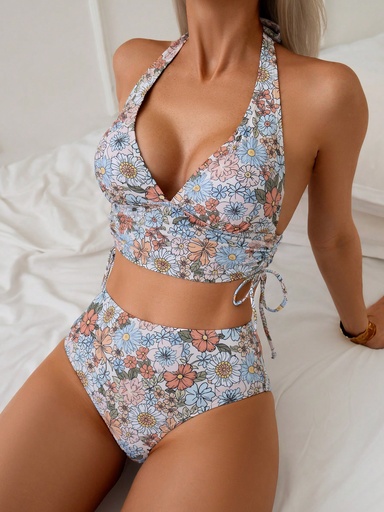 [sz25032847069790181] SHEIN Swim Conjunto de 2 piezas para mujer: Bottom de bikini con estampado floral aleatorio, escote en V, tirantes de espagueti, cordón a los lados, tiro alto, y top de tirantes de espagueti casual minimalista de estilo vacacional