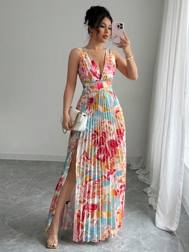 [sz25022880438224234] Elenzga Vestido sexy con abertura lateral fruncido, cuello en pico y sin mangas con estampado floral ditsy para festival y vacaciones para mujer