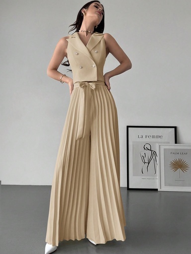 [sz2412093117614478] Firerie Set de 2 piezas de top cruzado elegante y pantalones plisados para mujer, color albaricoque, apto para primavera y otoño