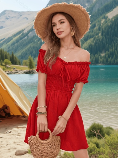 Vestido de playa rojo con hombros descubiertos y volantes
